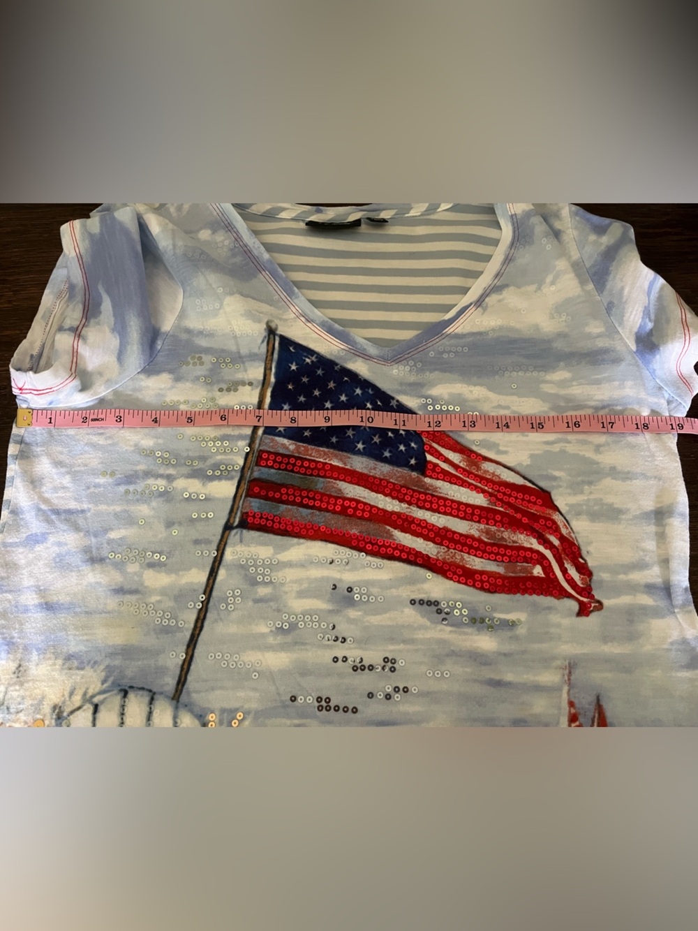 Onque Casual Petite Sequin American Flag Beach Tee Top Shirt Size PLarge - Picture 11 of 12